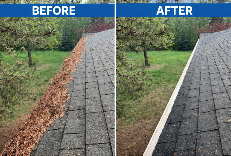 Before and after of a gutter cleared of pine needles along a roofline