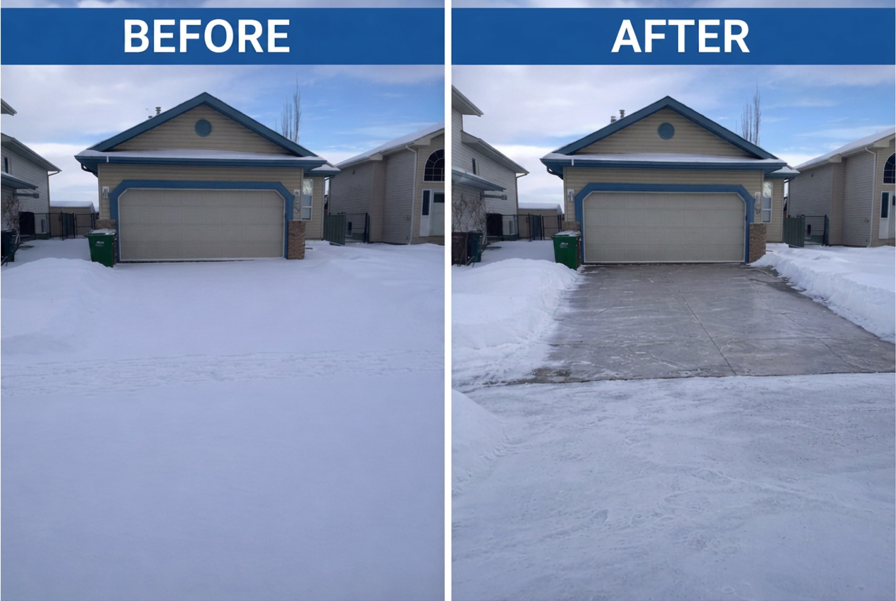 Before and after: a snow-covered driveway cleared down to bare concrete